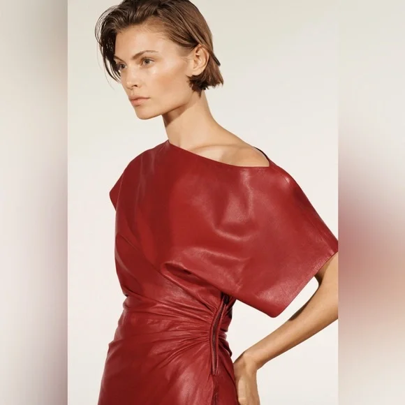 Zara studio Elegant Red burgundy natural genuine leather Dress